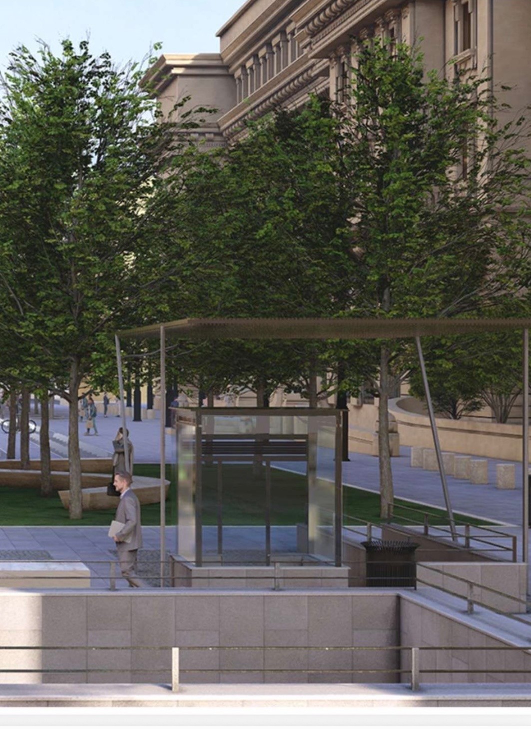 Rendering bozza: ascensore in vetro e acciaio con pensilina industriale davanti al palazzo storico