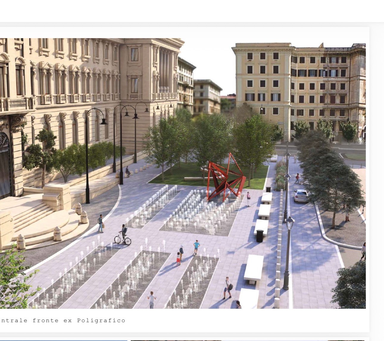 Rendering bozza: fontanelle a spruzzo e scultura rossa astratta al centro della piazza