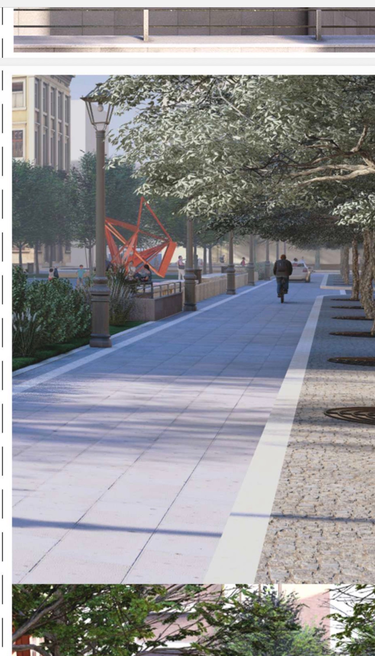 Rendering bozza: viale con scultura rossa e lampioni anonimi