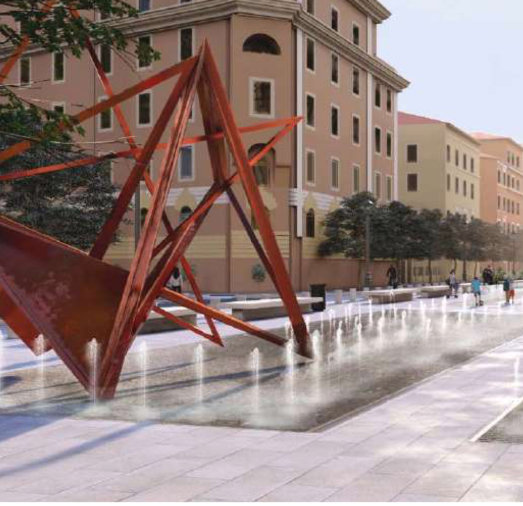 Rendering dettaglio: scultura rossa astratta e fontanelle