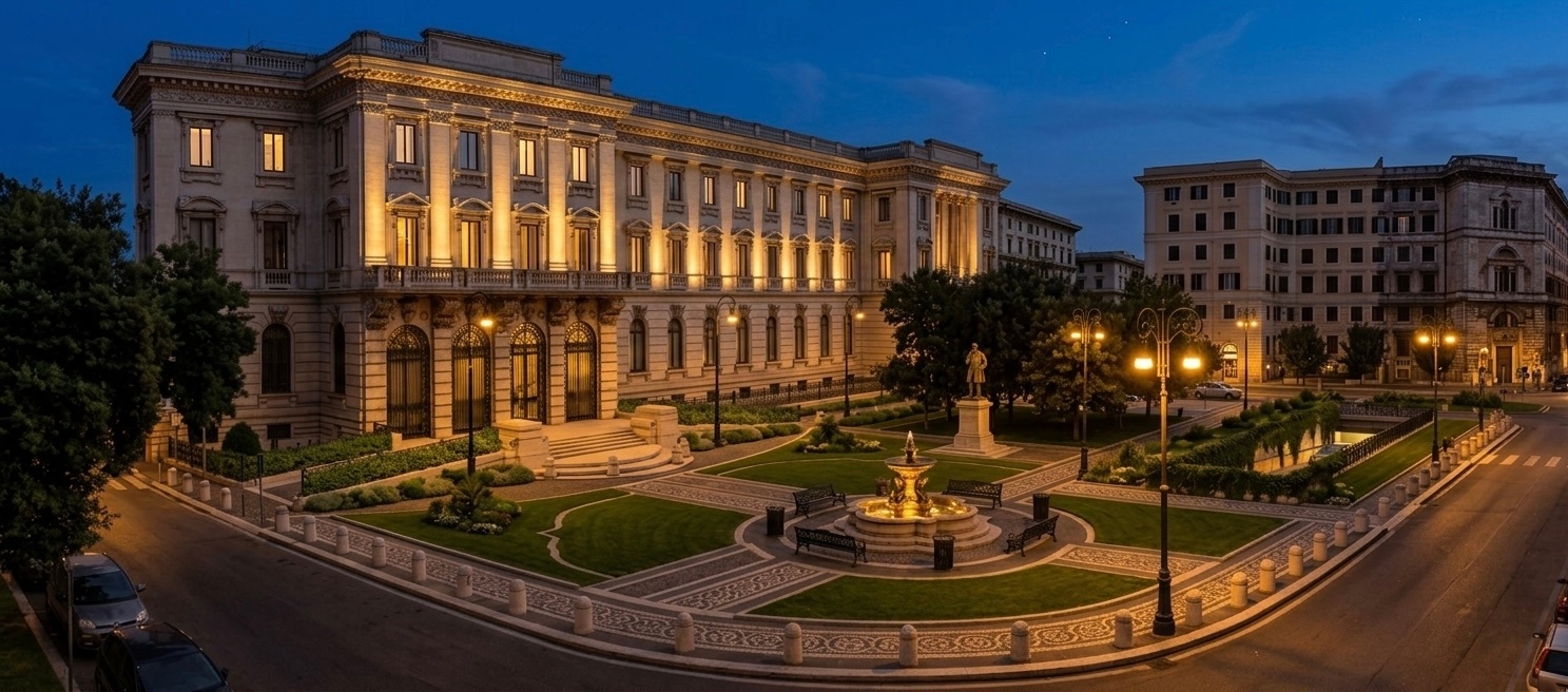 Il palazzo dell'ex Poligrafico illuminato di notte con luce calda - visione possibile