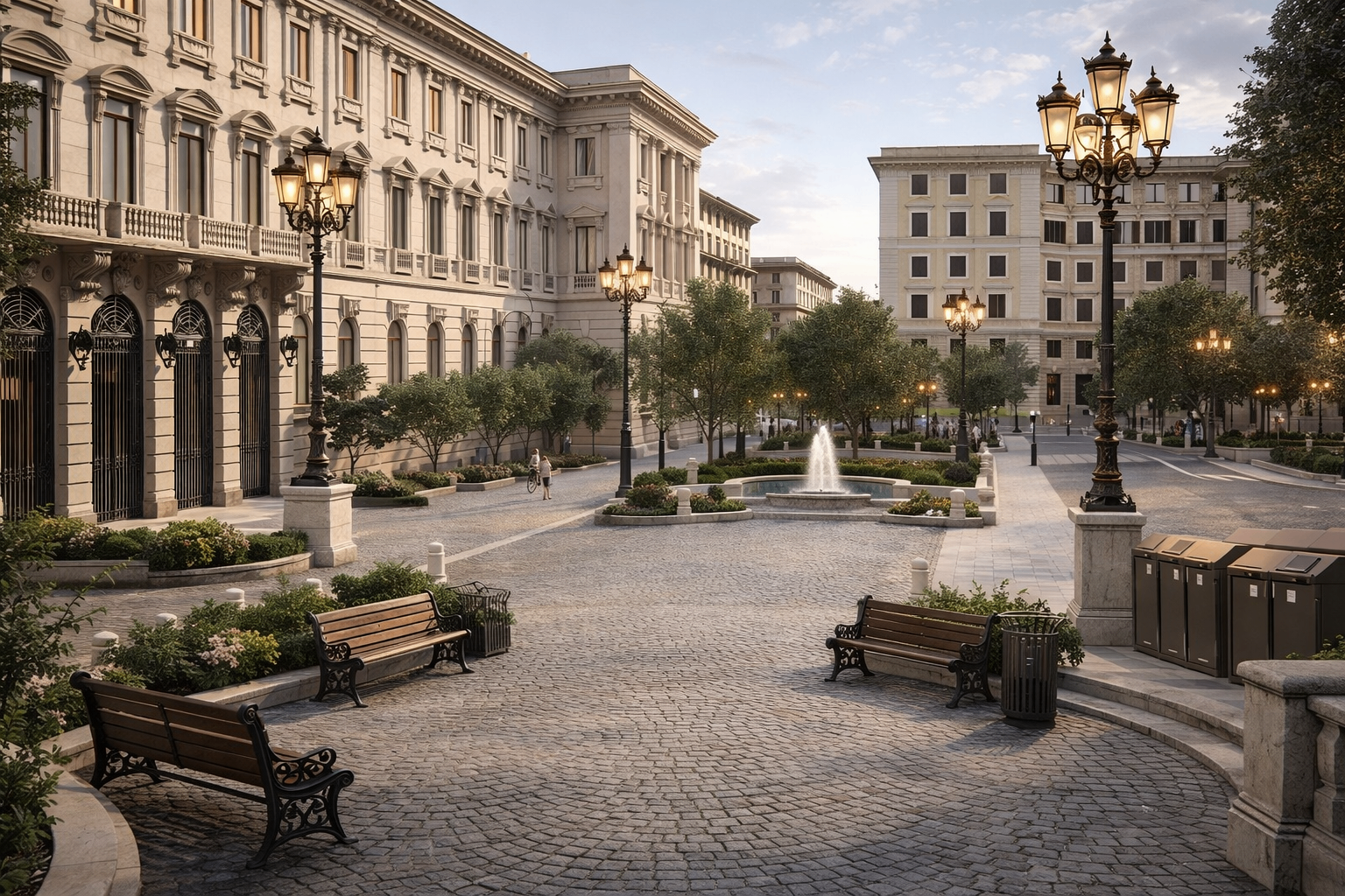 Vista panoramica di Piazza Verdi con lampioni, fontana, verde e sampietrini
