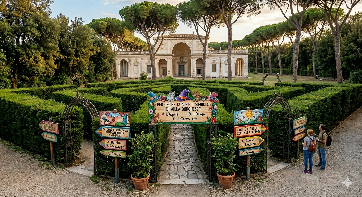 Elaborazione IA: labirinto di siepi con quiz culturali al Parco dei Daini