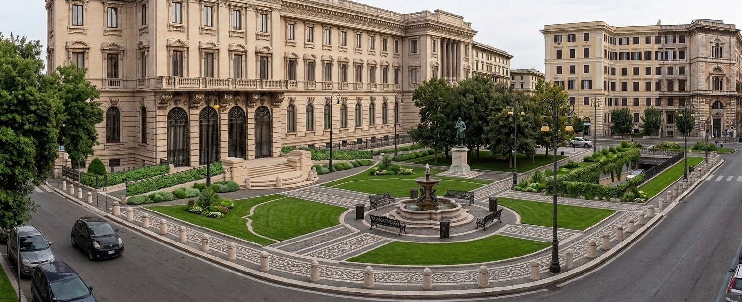 Piazza Verdi con verde rigoglioso, aiuole fiorite e alberi adulti